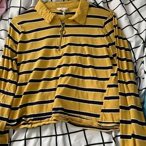 navy blue and yellow striped zip up shirt